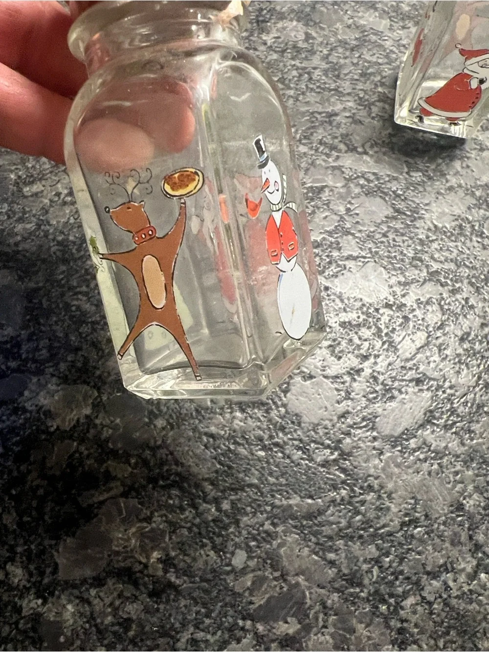 Vintage Holiday Snowman & Santa Glass Salt and Pepper Shakers - Red Accents